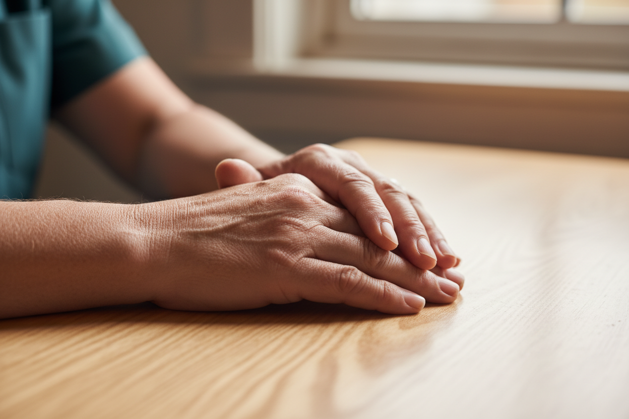 Caring hands resting on a clean wooden surface, representing compassion and dedication