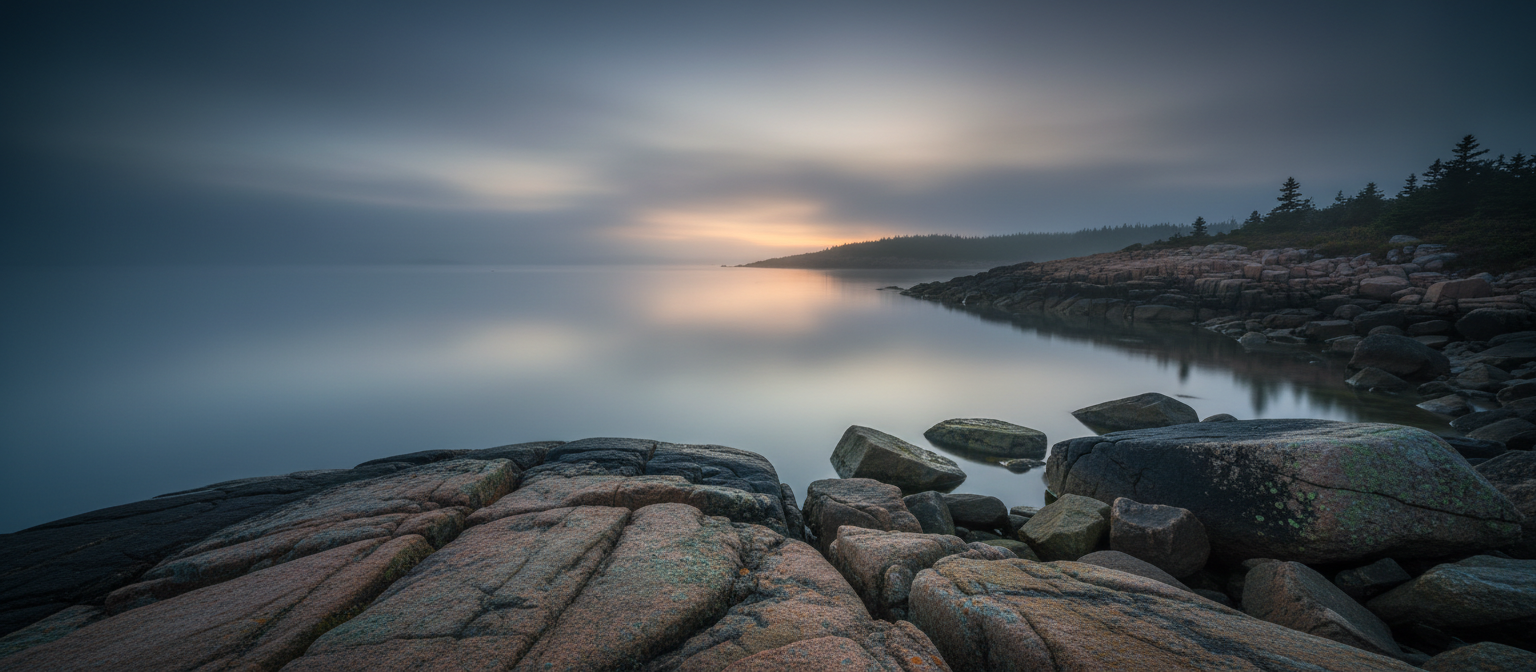 Midcoast Maine coastline at dawn with morning mist over calm ocean