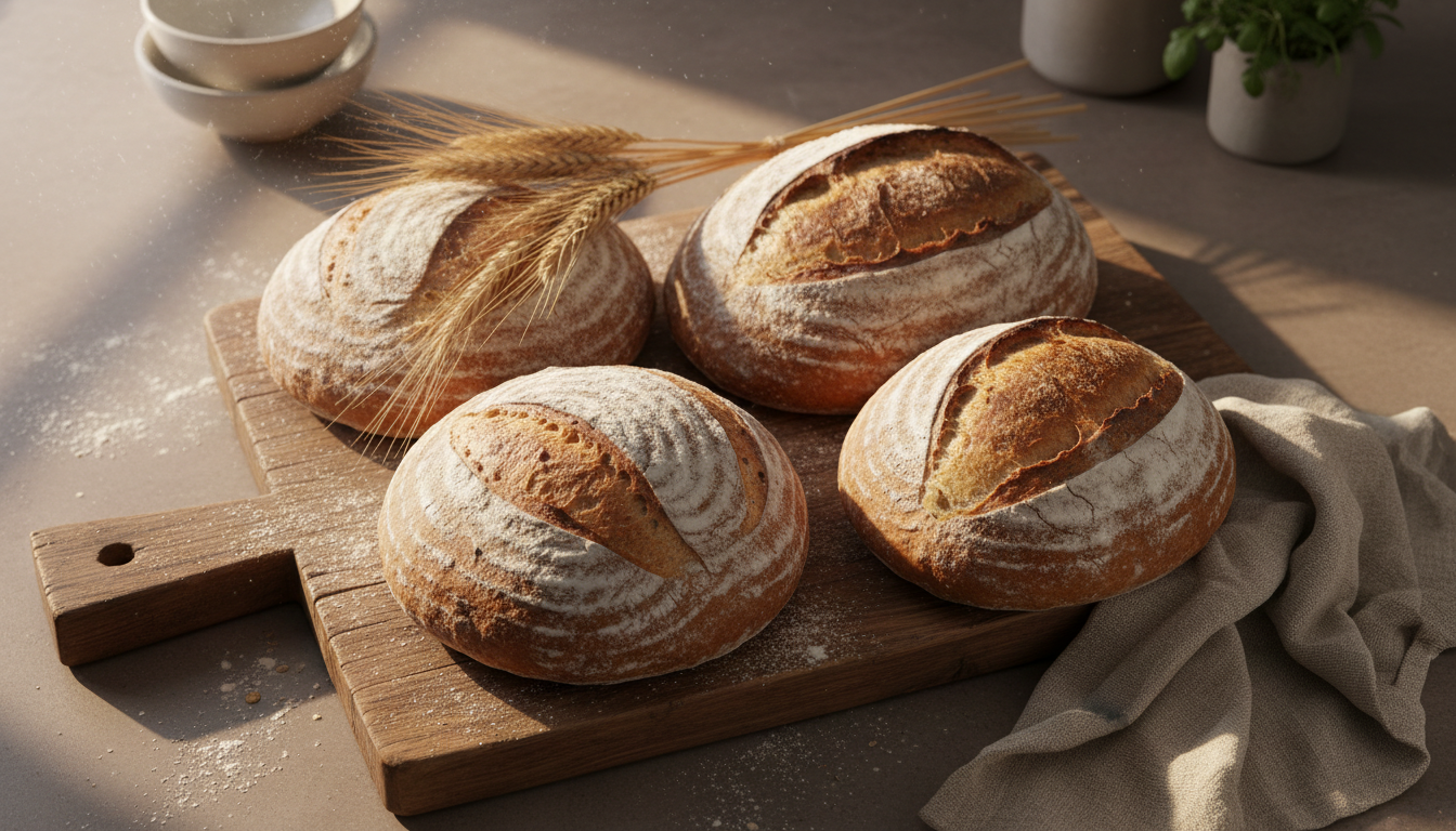Artisan sourdough bread loaves on a rustic wooden surface