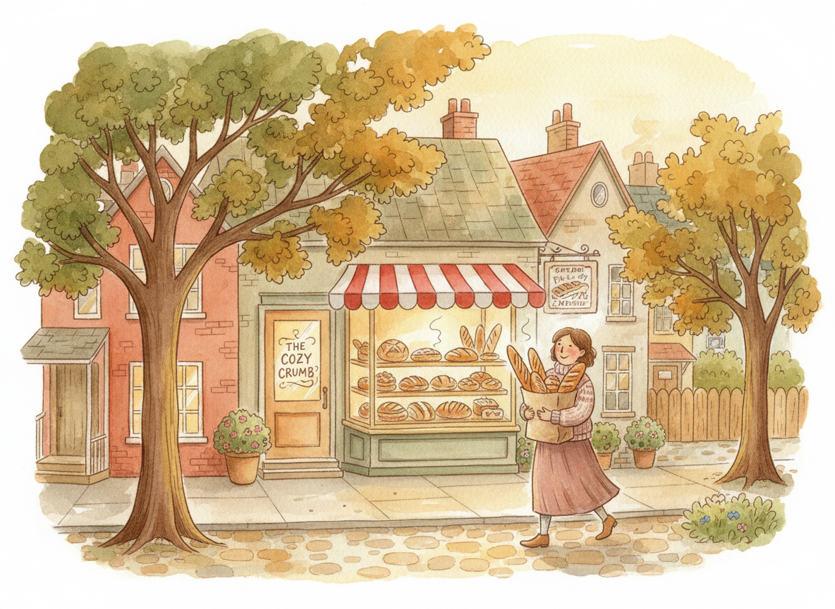 A charming neighborhood scene with a cozy home bakery