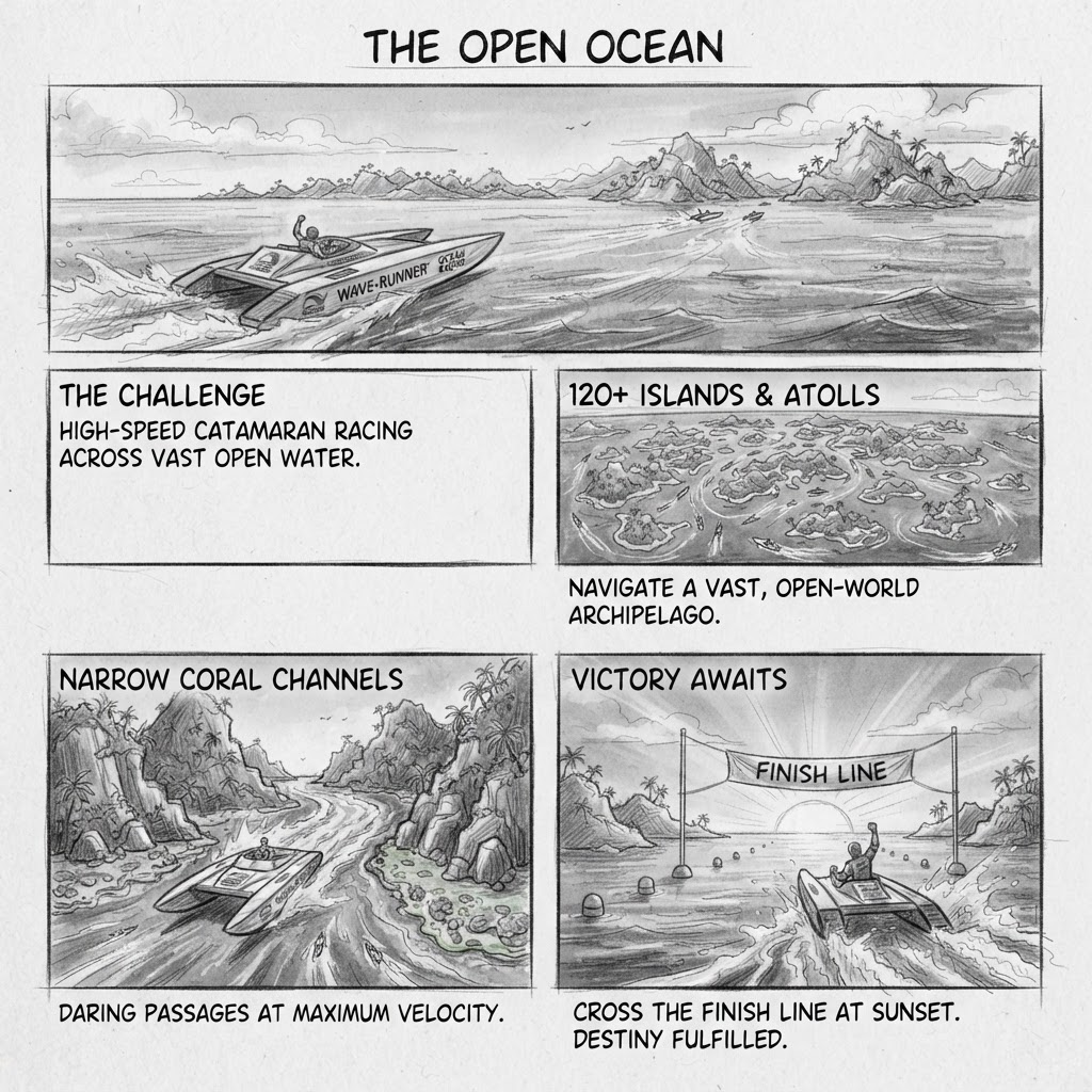 The Open Ocean — black and white storyboard comic strip