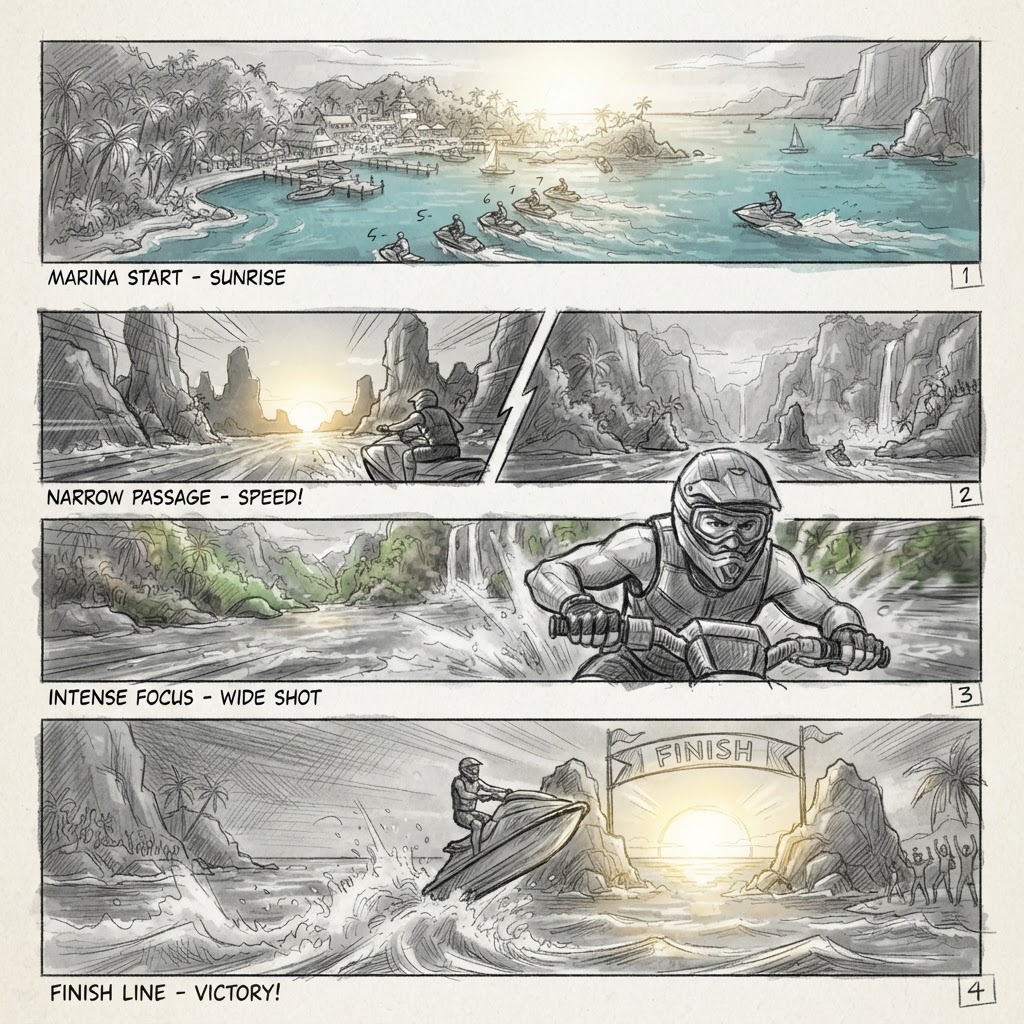 Ocean Race — black and white storyboard comic strip