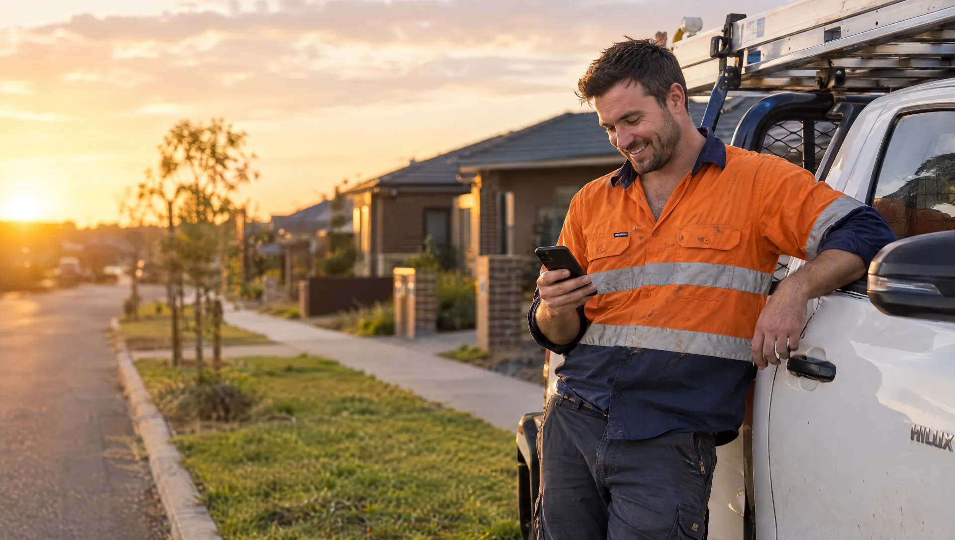Tradie leaning on his ute at golden hour checking his phone