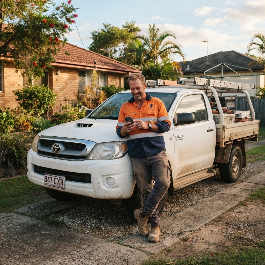Australian tradie leaning on his work ute checking his phone