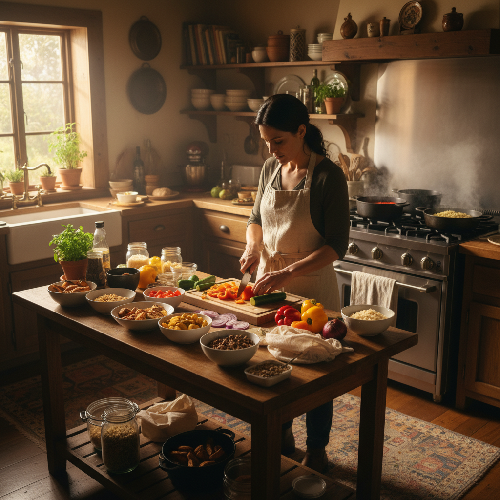Woman meal prepping in a cozy home kitchen