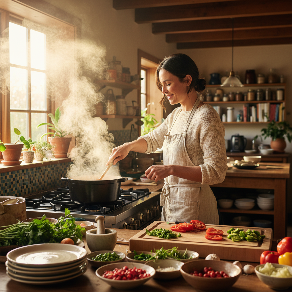 Woman cooking in action in the kitchen
