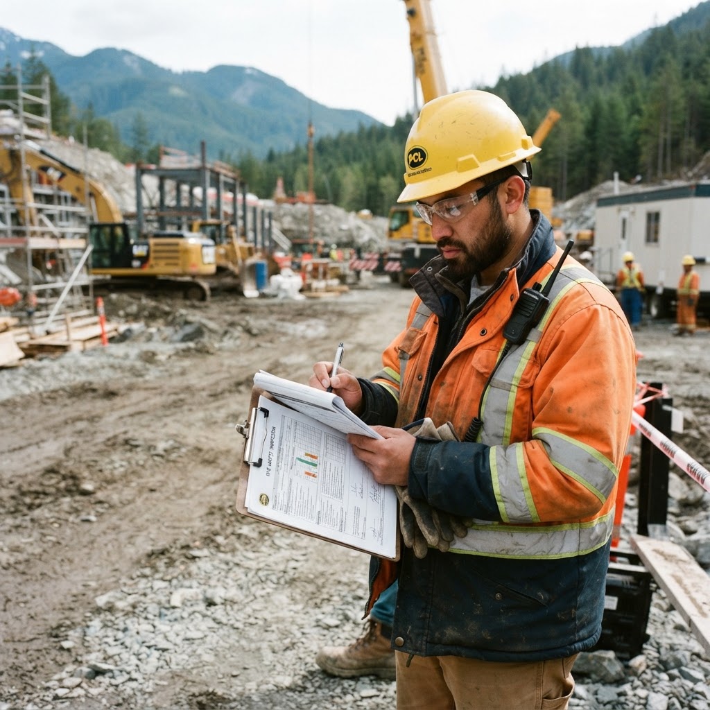 An industrial worker reviewing safety procedures on site