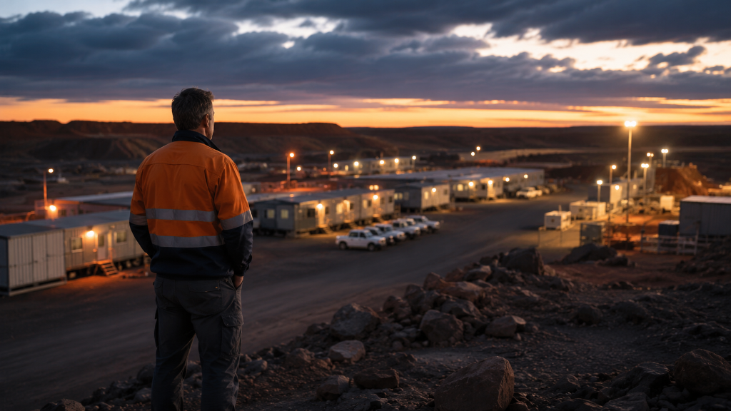 A FIFO worker in high-visibility gear overlooking a remote mining camp at dusk