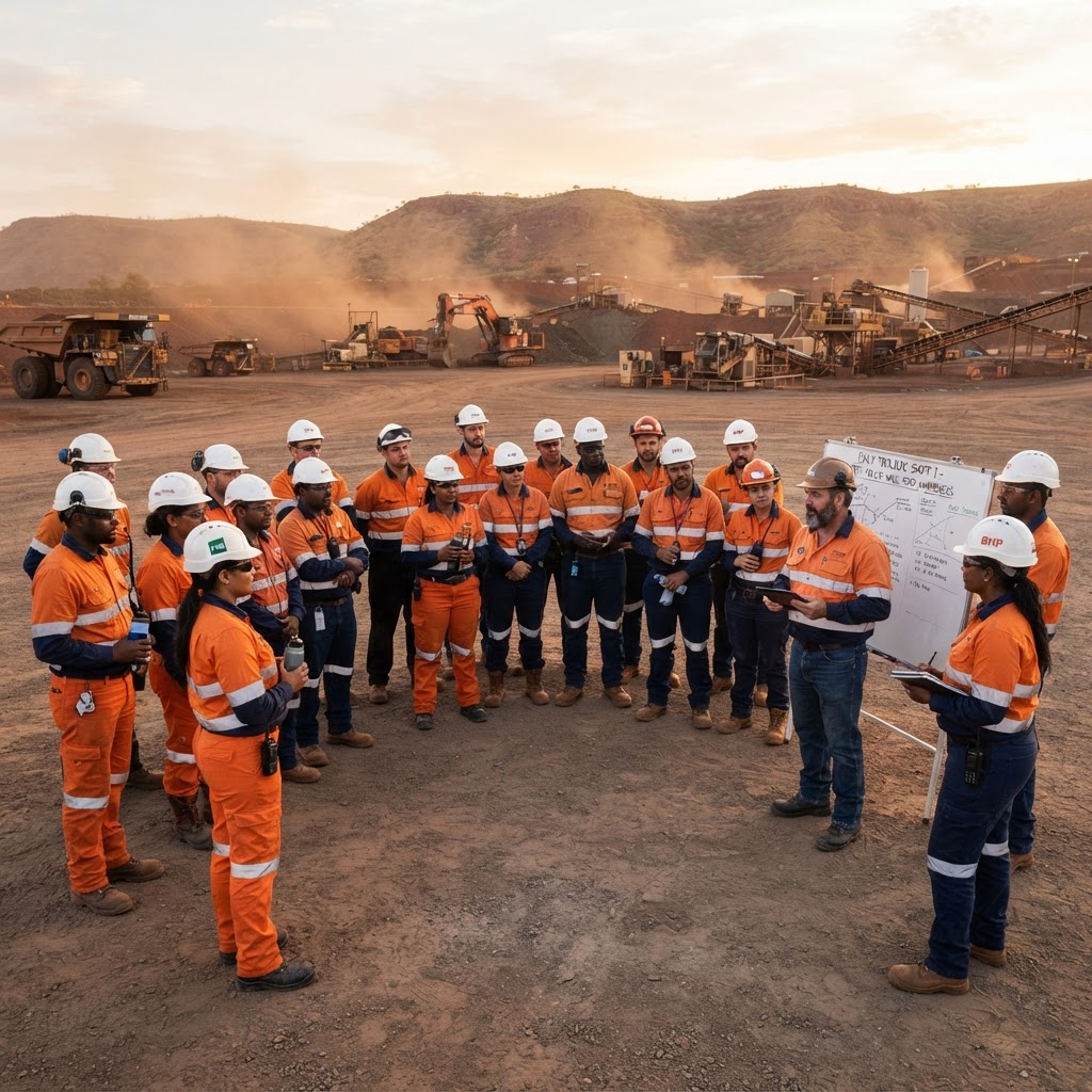 FIFO workers in high-visibility gear at a remote site toolbox briefing