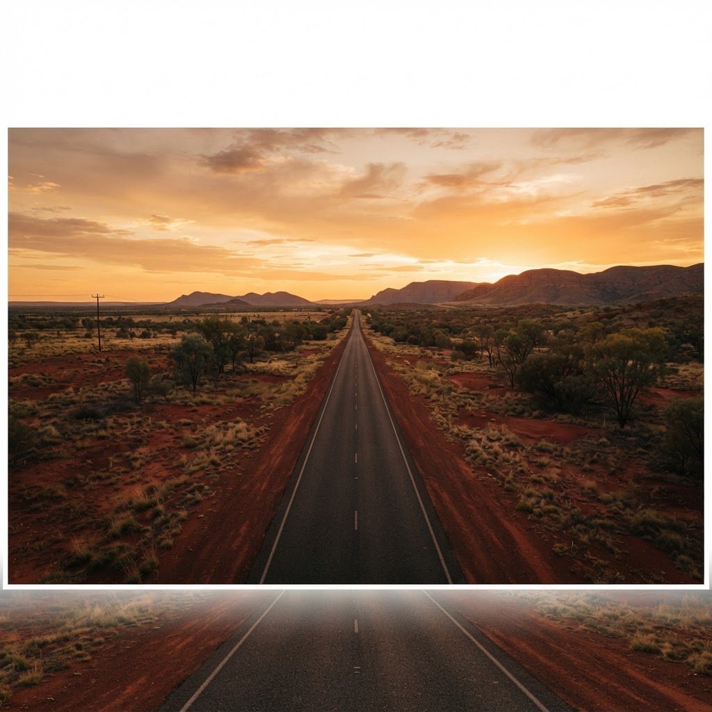 A long road through the remote Australian outback at dusk