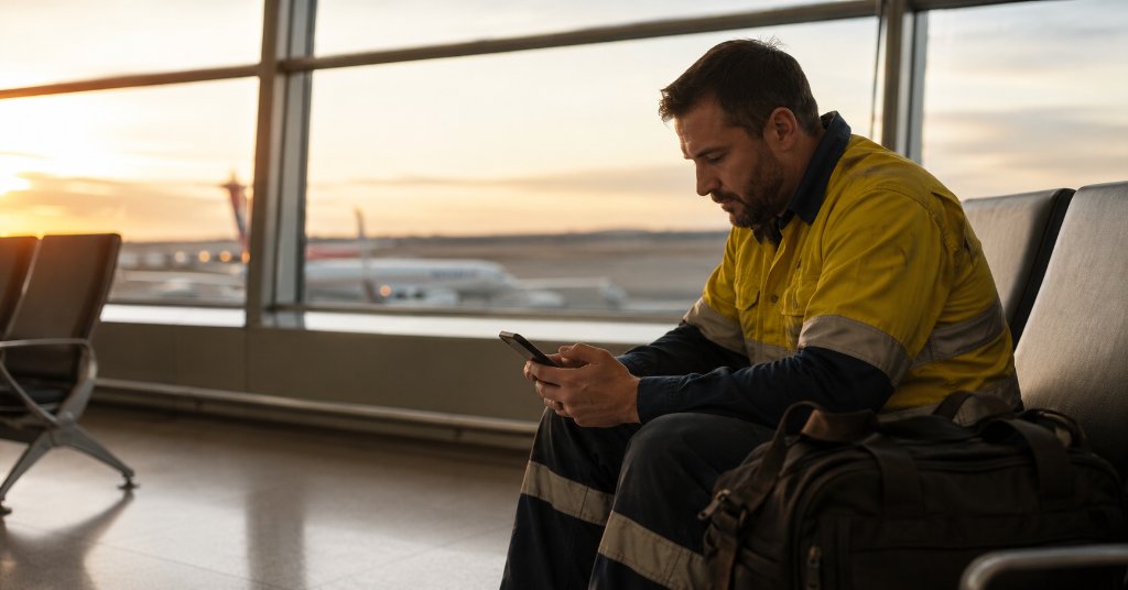 FIFO worker sitting alone at airport before swing, looking at phone with financial stress