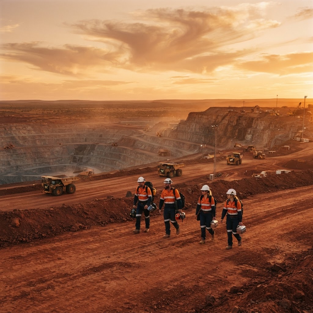 FIFO mining workers in high-visibility gear on a remote mine site at golden hour