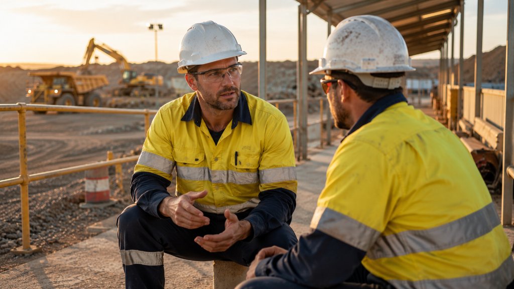 FIFO supervisor having an early check-in conversation with a worker on site at sunset
