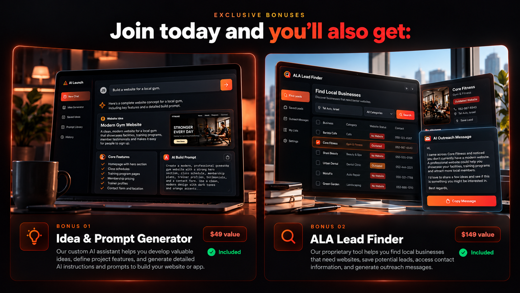 Idea and prompt generator displaying a gym website concept on a laptop