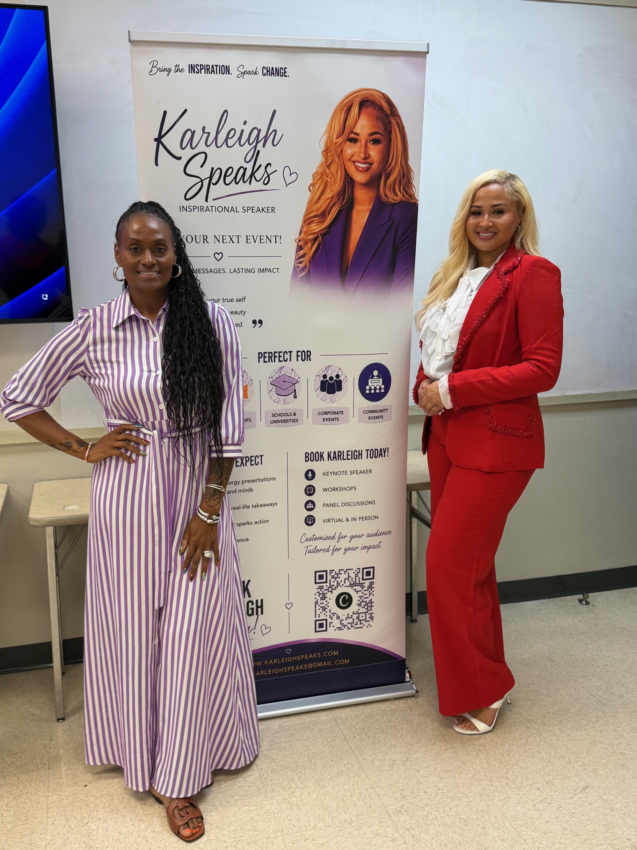 Karleigh N'Diaye beside the Karleigh Speaks promotional banner