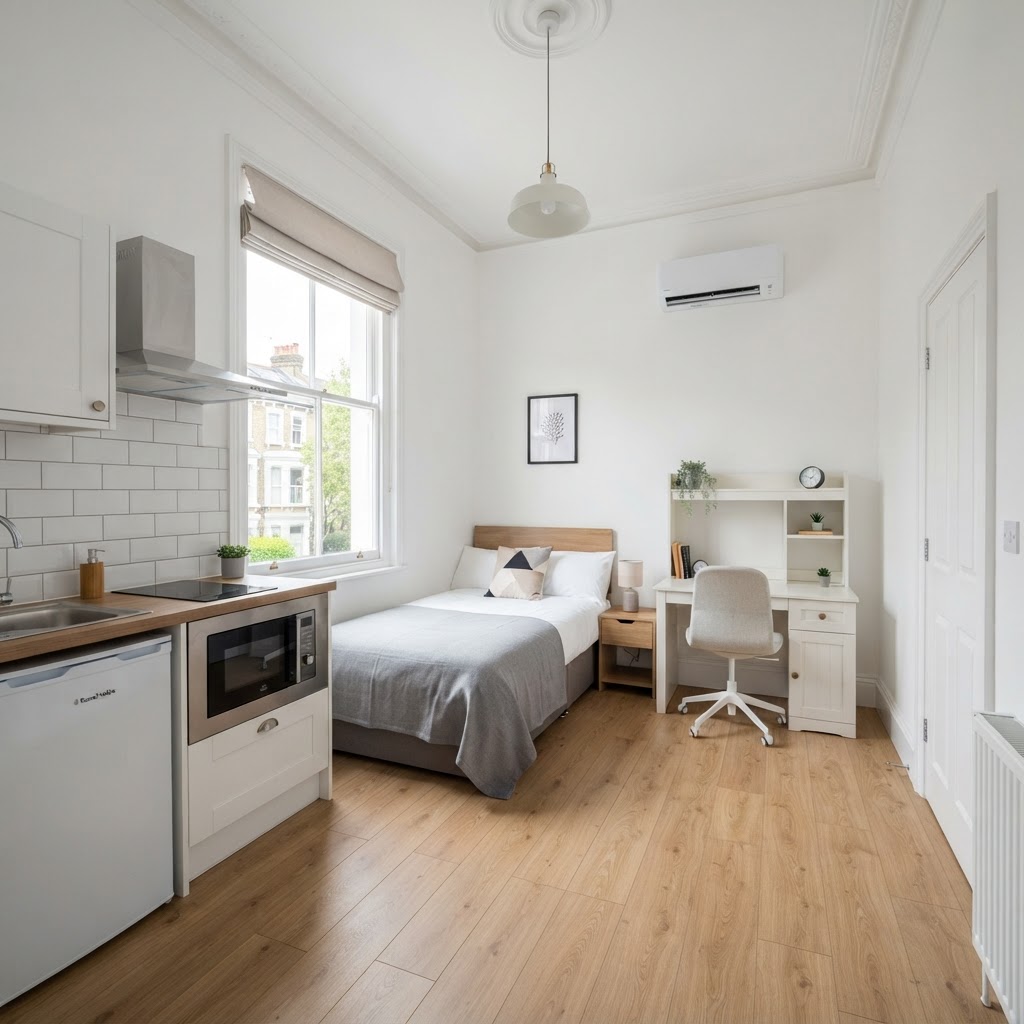 Refurbished HMO room with a wall-mounted air conditioning unit