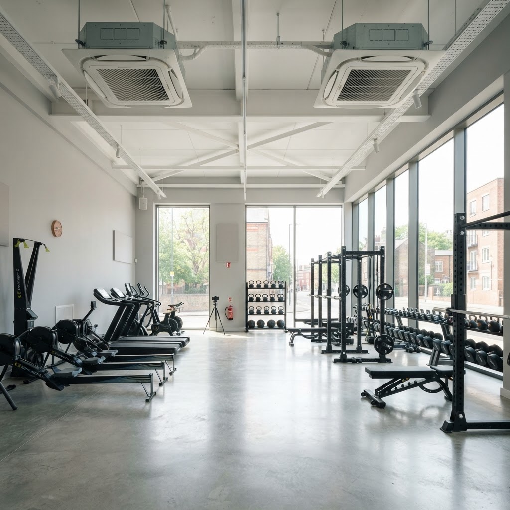 Gym floor with ceiling cassette air conditioning units