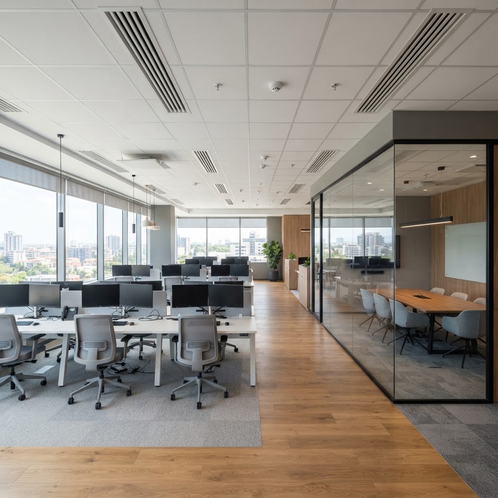 Open-plan office with linear slot air conditioning diffusers