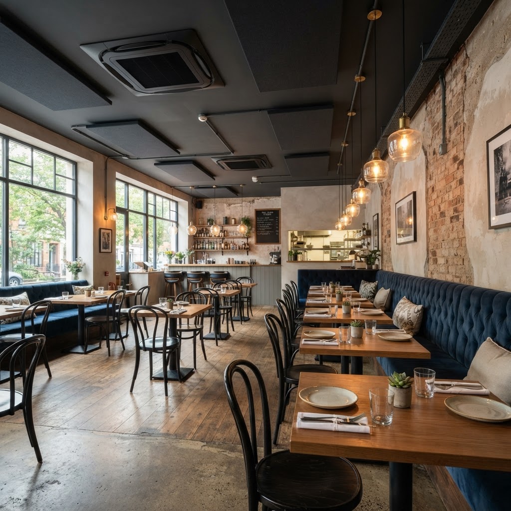 Restaurant dining room with cassette air conditioning in the ceiling