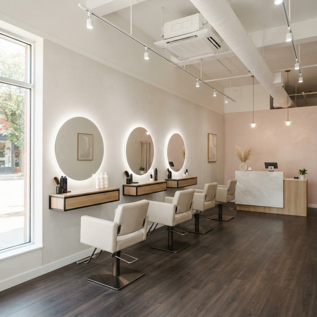 Hair salon styling stations with a ceiling cassette air conditioner