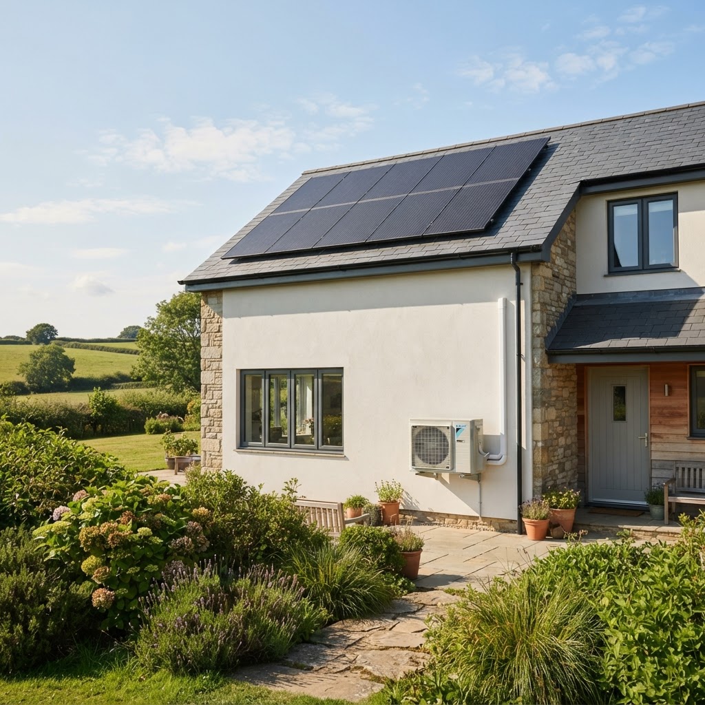 Air conditioning outdoor unit below a roof array of solar panels on a Devon home