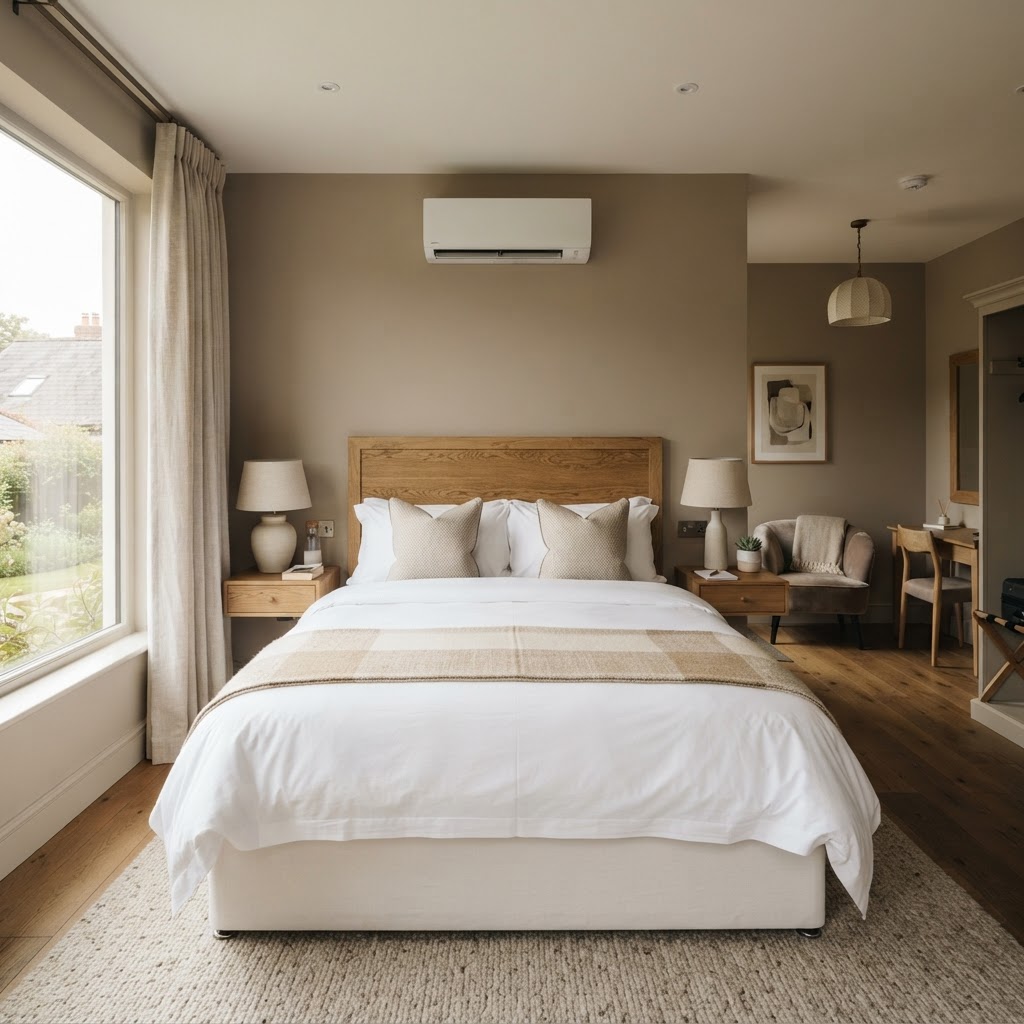 Boutique hotel bedroom with a wall-mounted air conditioning unit