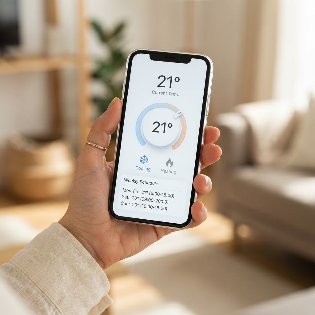 Smartphone showing smart home air conditioning app control for the Samsung Luzon S2