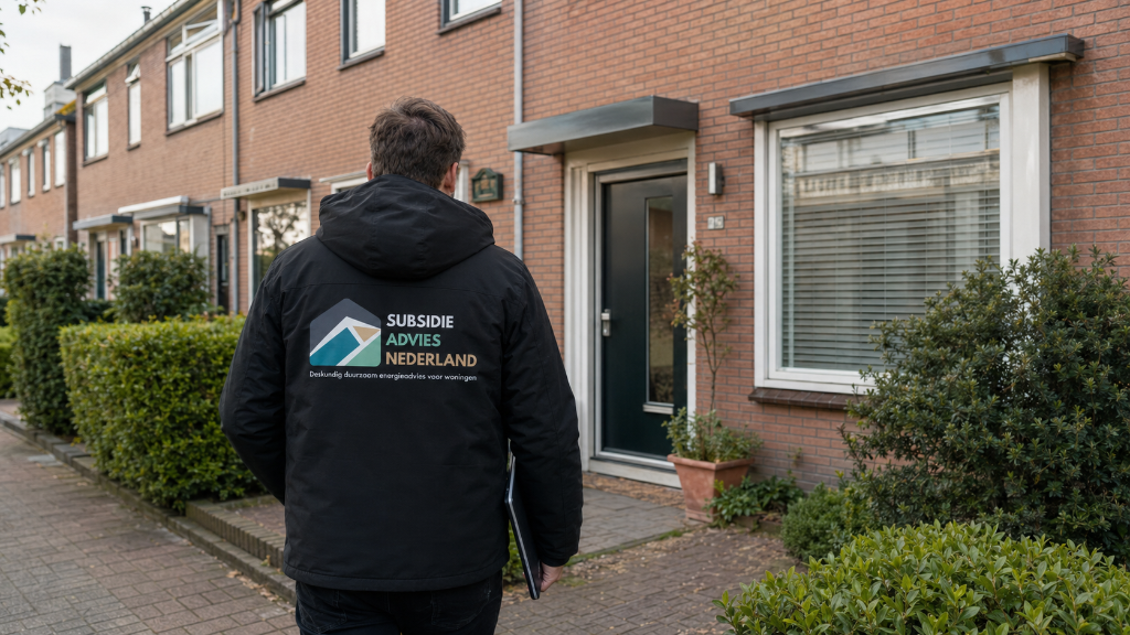 Adviseur met bedrijfsjas bij de voordeur