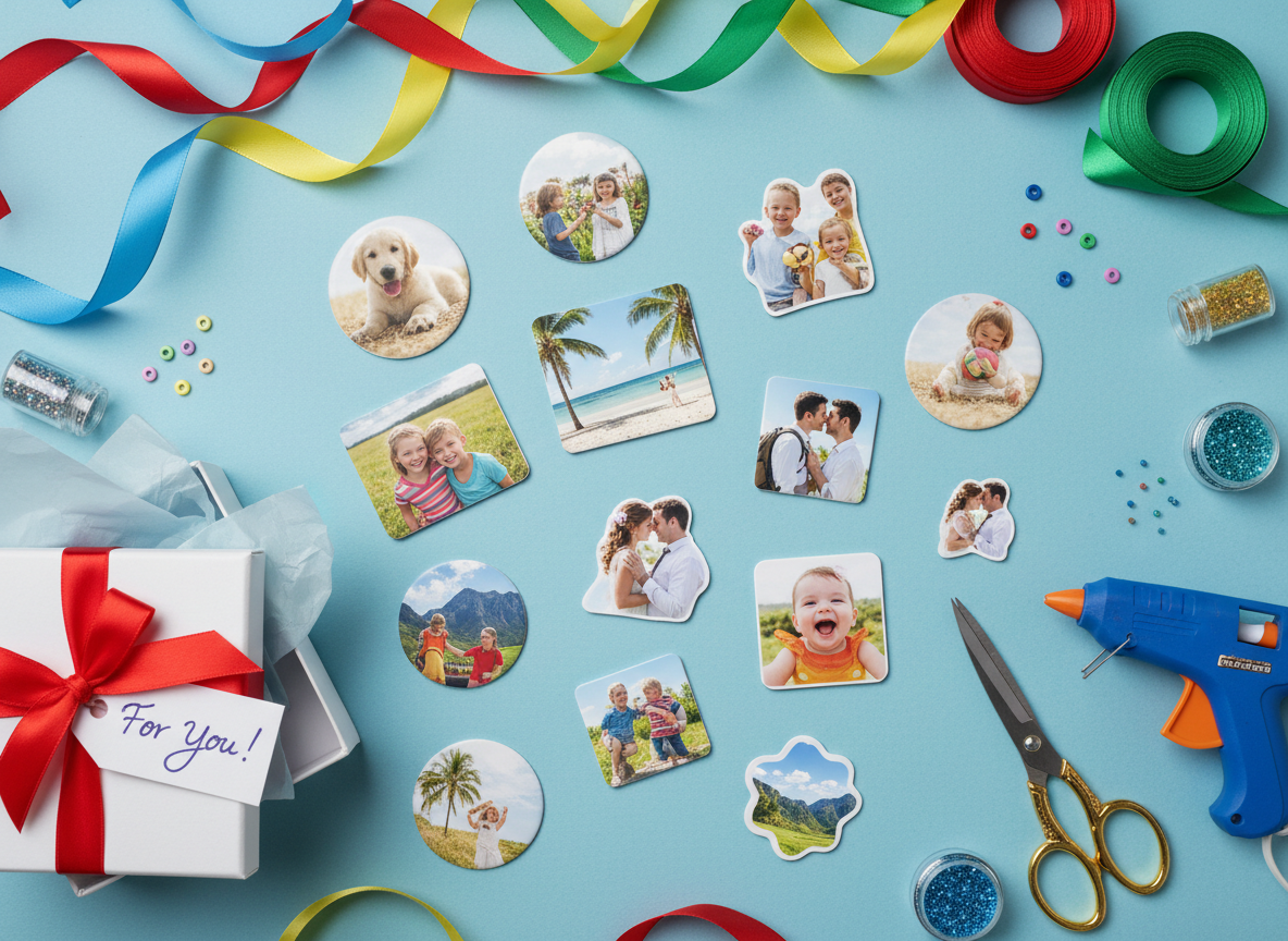 Multiple colorful photo magnets as gifts