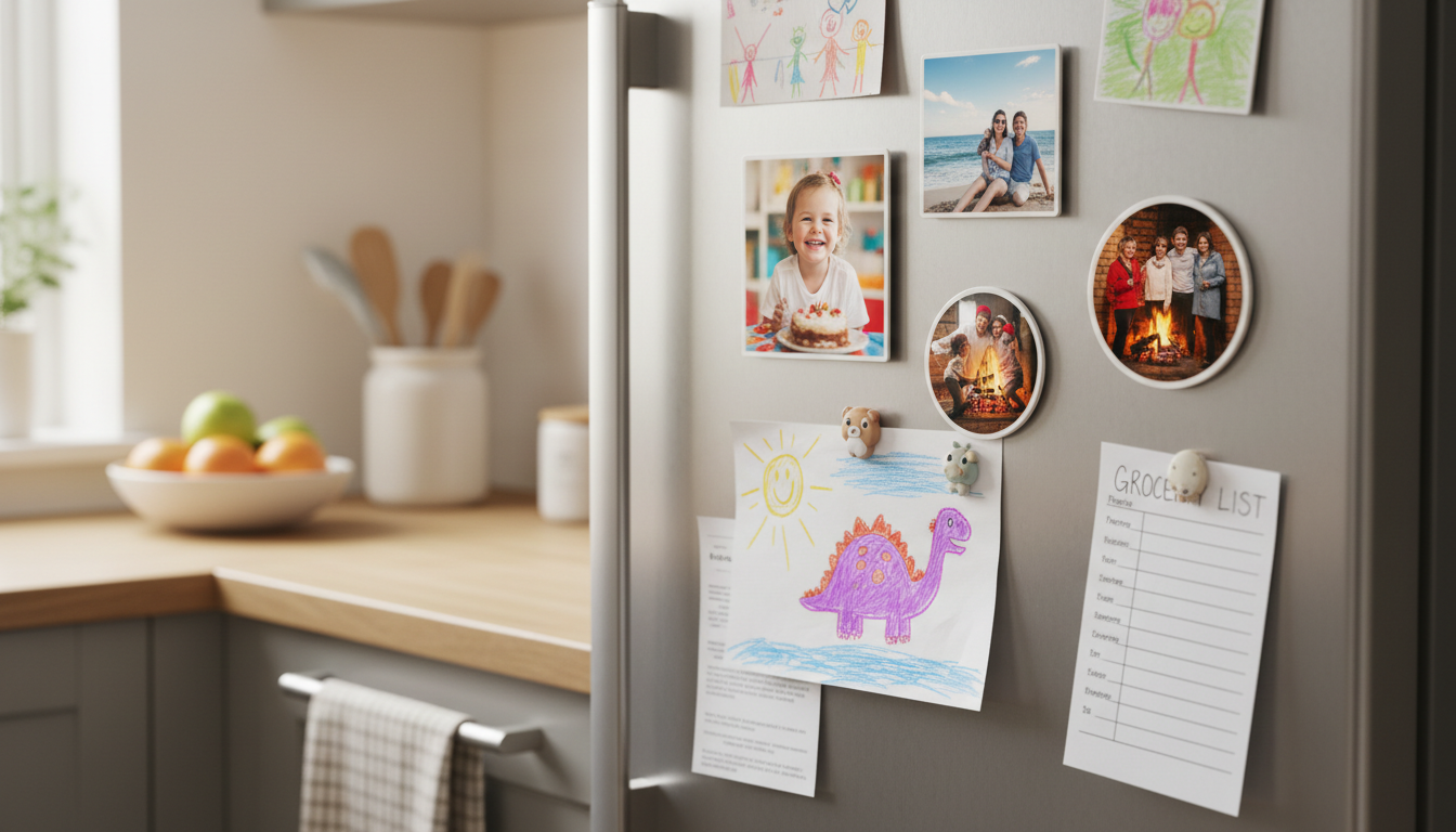 Custom photo magnets on a fridge