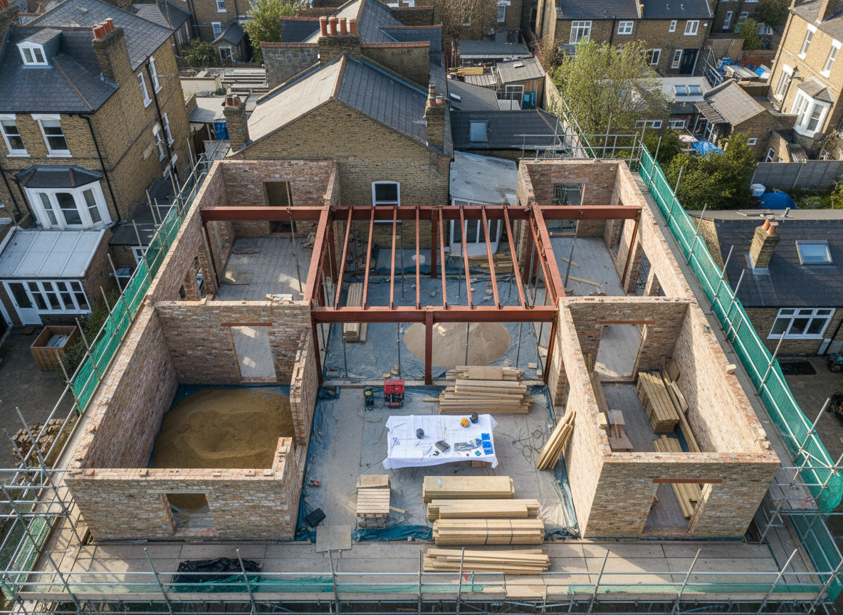 Residential extension construction with structural steelwork