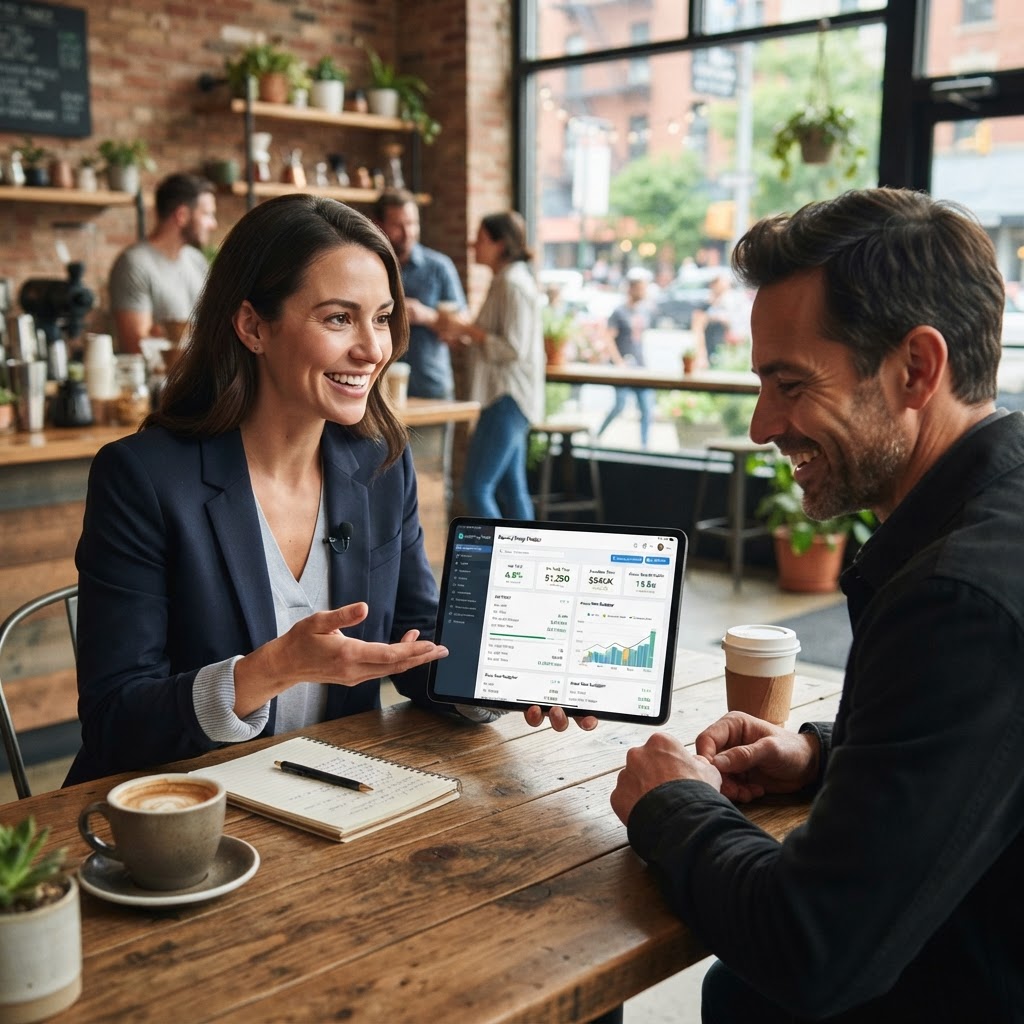 A professional real estate brokerage team reviewing rental property analytics on a digital dashboard.