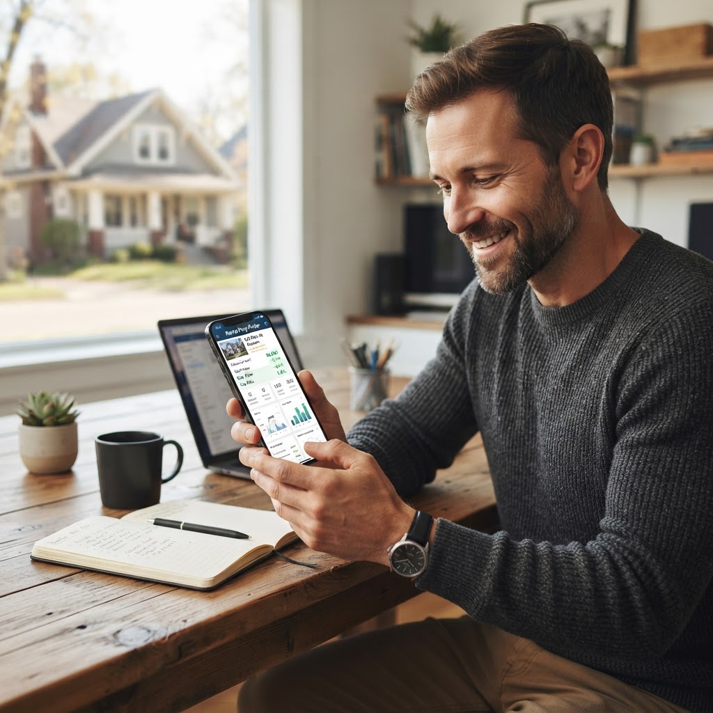 A professional real estate team reviewing an AI-powered rental portfolio dashboard in a modern office.