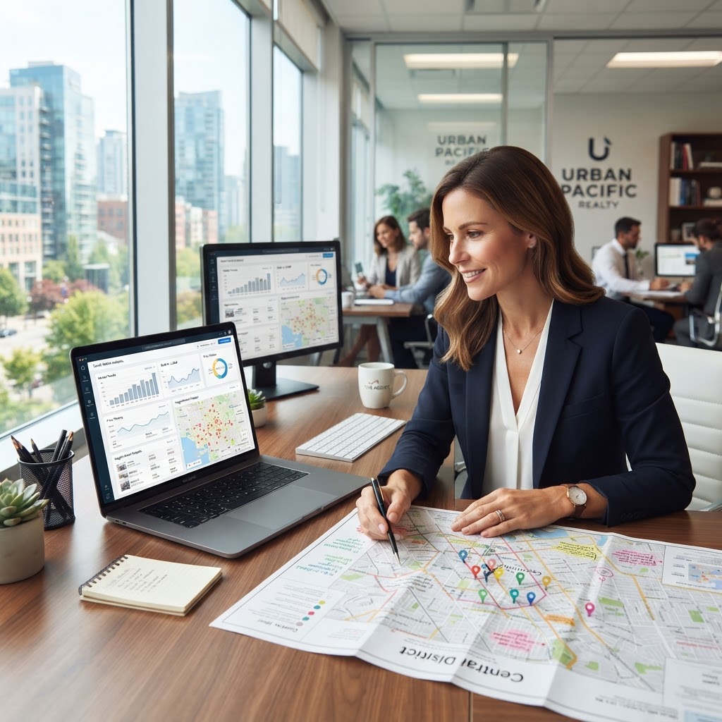 Realtor analyzing rental property investment data on a dashboard