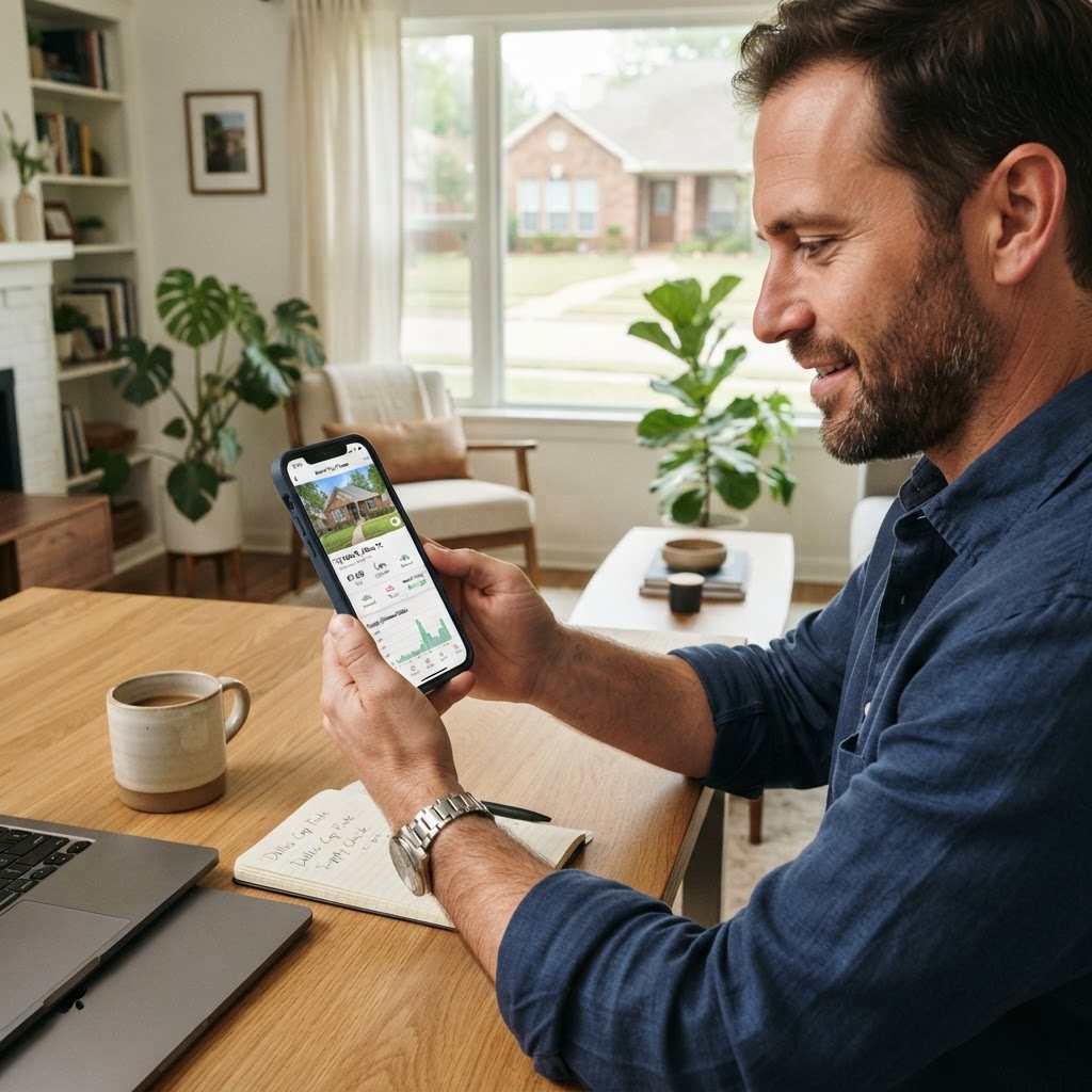 Real estate investor analyzing supply and demand data on an analytics dashboard.