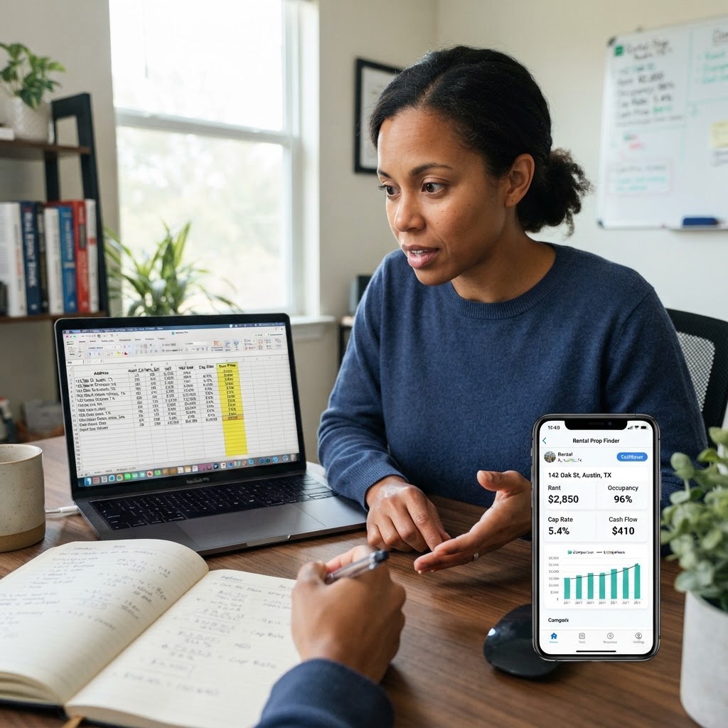 Real estate agent showing property analytics to an investor in a modern office.