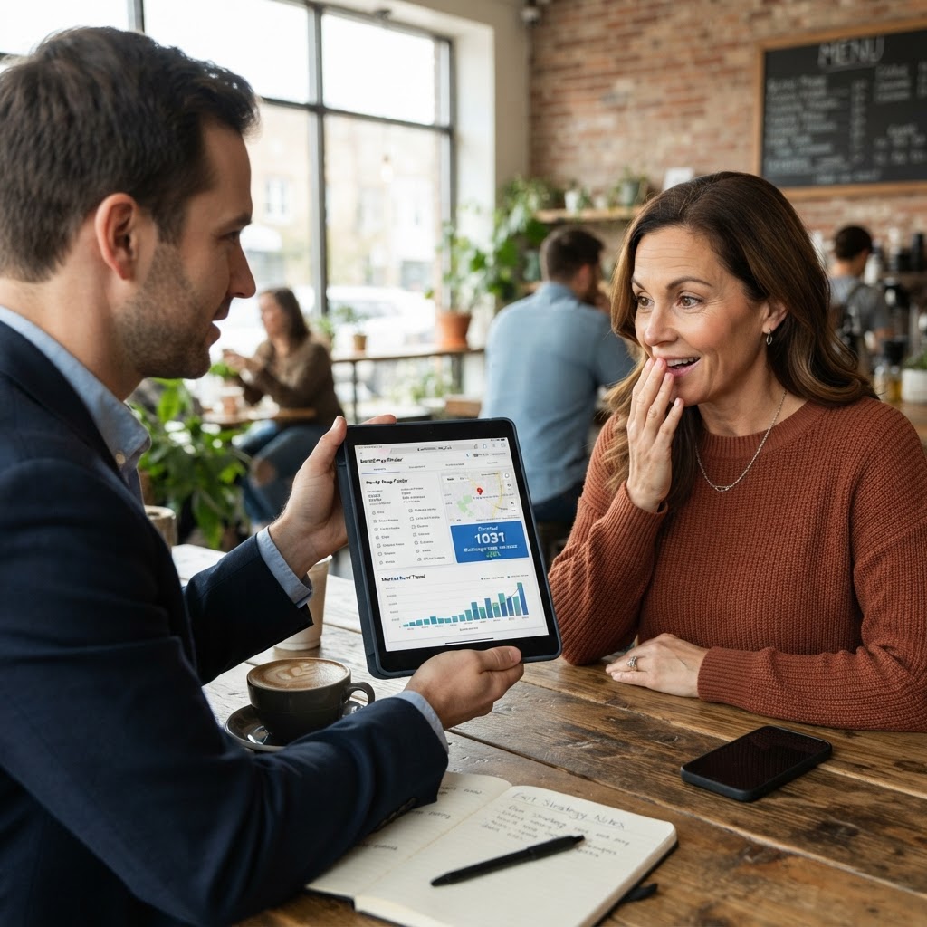 Investors and a consultant reviewing rental property data on a digital dashboard.