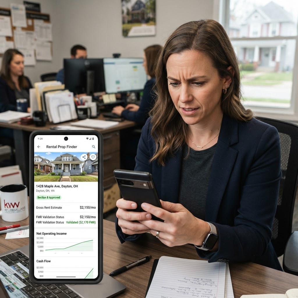 Realtor and investor reviewing rental property data on a digital dashboard