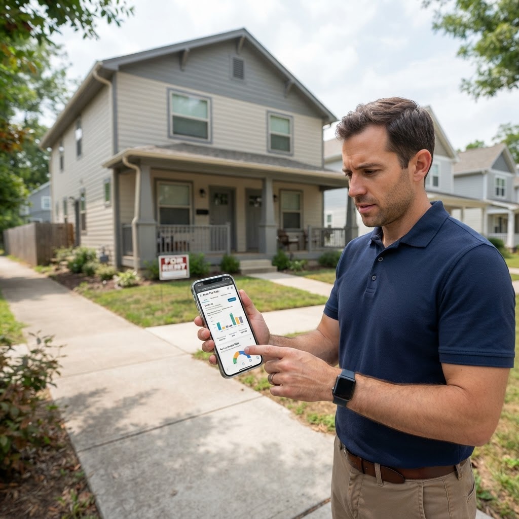 An investor reviewing rental property data on a dashboard to analyze market rent stability.