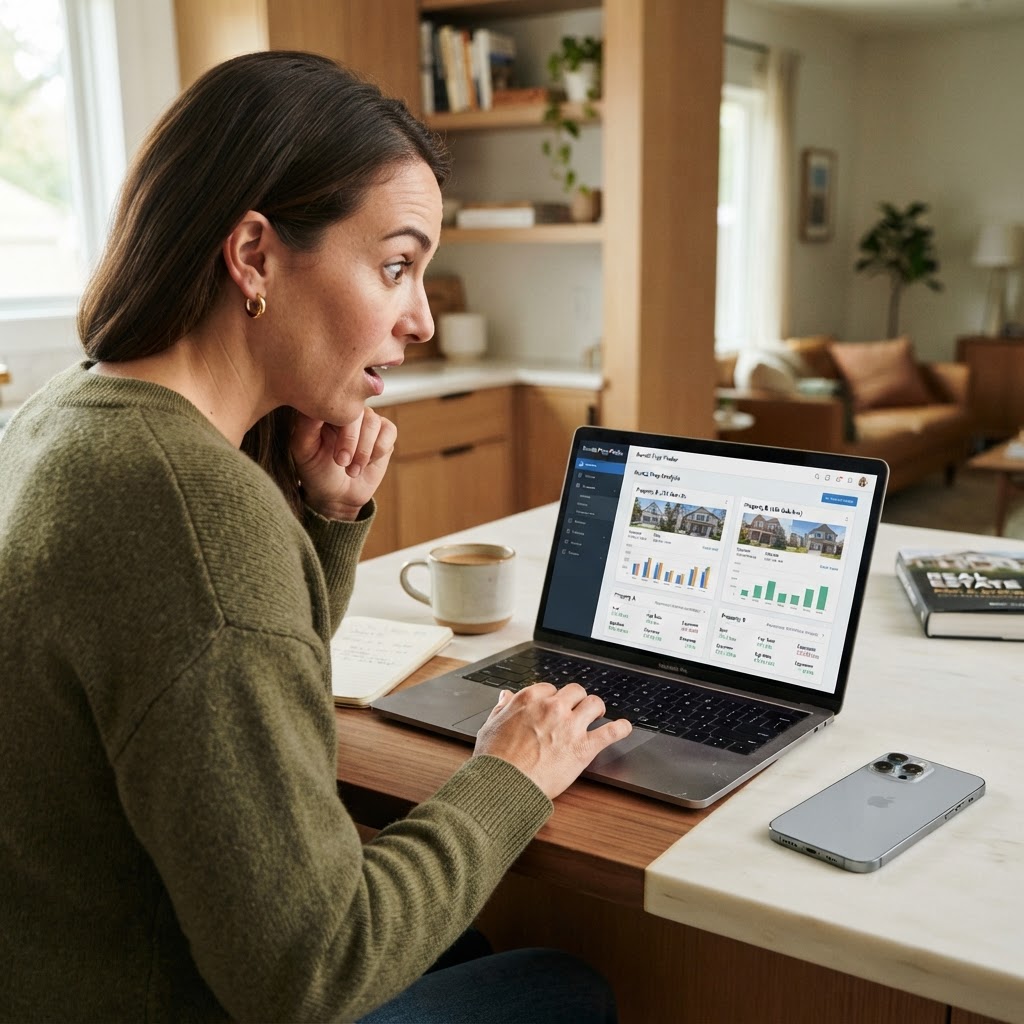 A realtor and investor analyzing property investment data on a laptop screen.