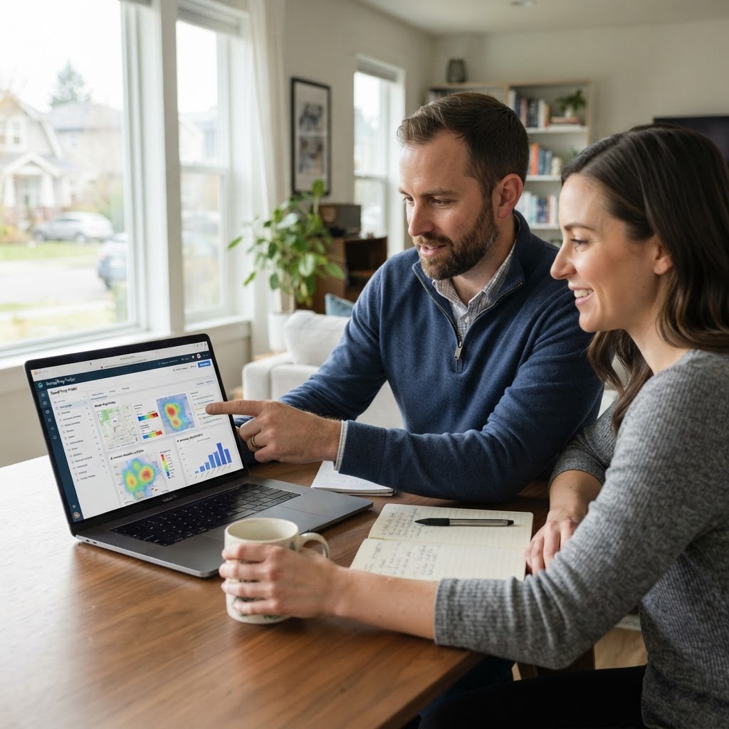 Real estate team analyzing data on a digital dashboard for rental property investments