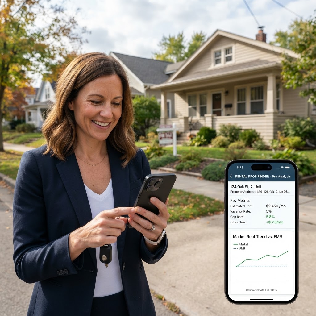A realtor and investor reviewing data on a tablet for rental property pricing.