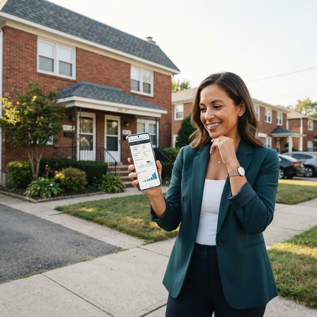 Realtor and investor reviewing a professional rental property performance dashboard on a tablet.