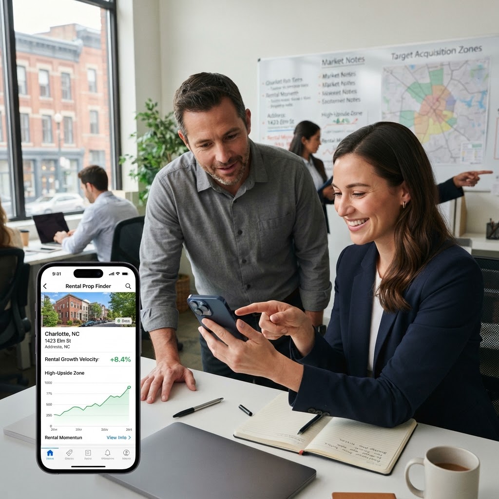Real estate brokerage team analyzing rental property market momentum on a digital dashboard.