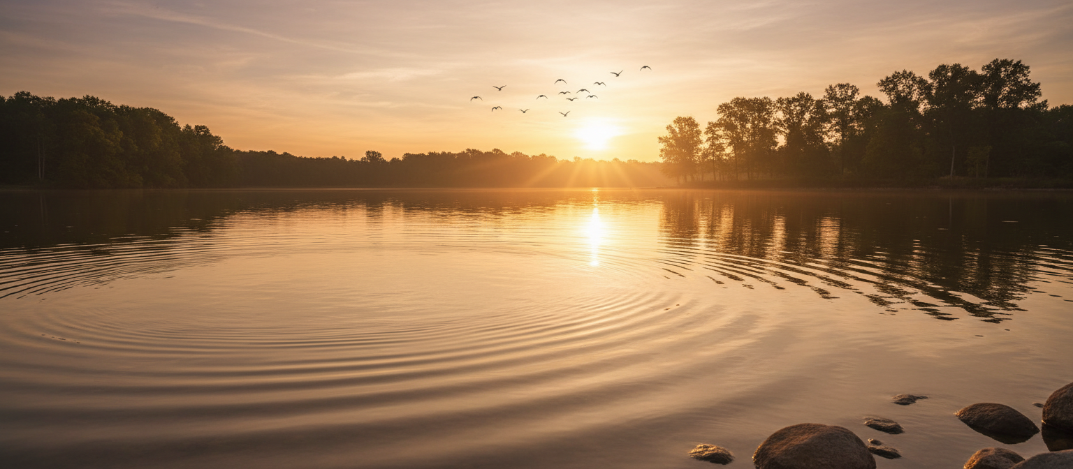 Peaceful sunrise over a calm lake