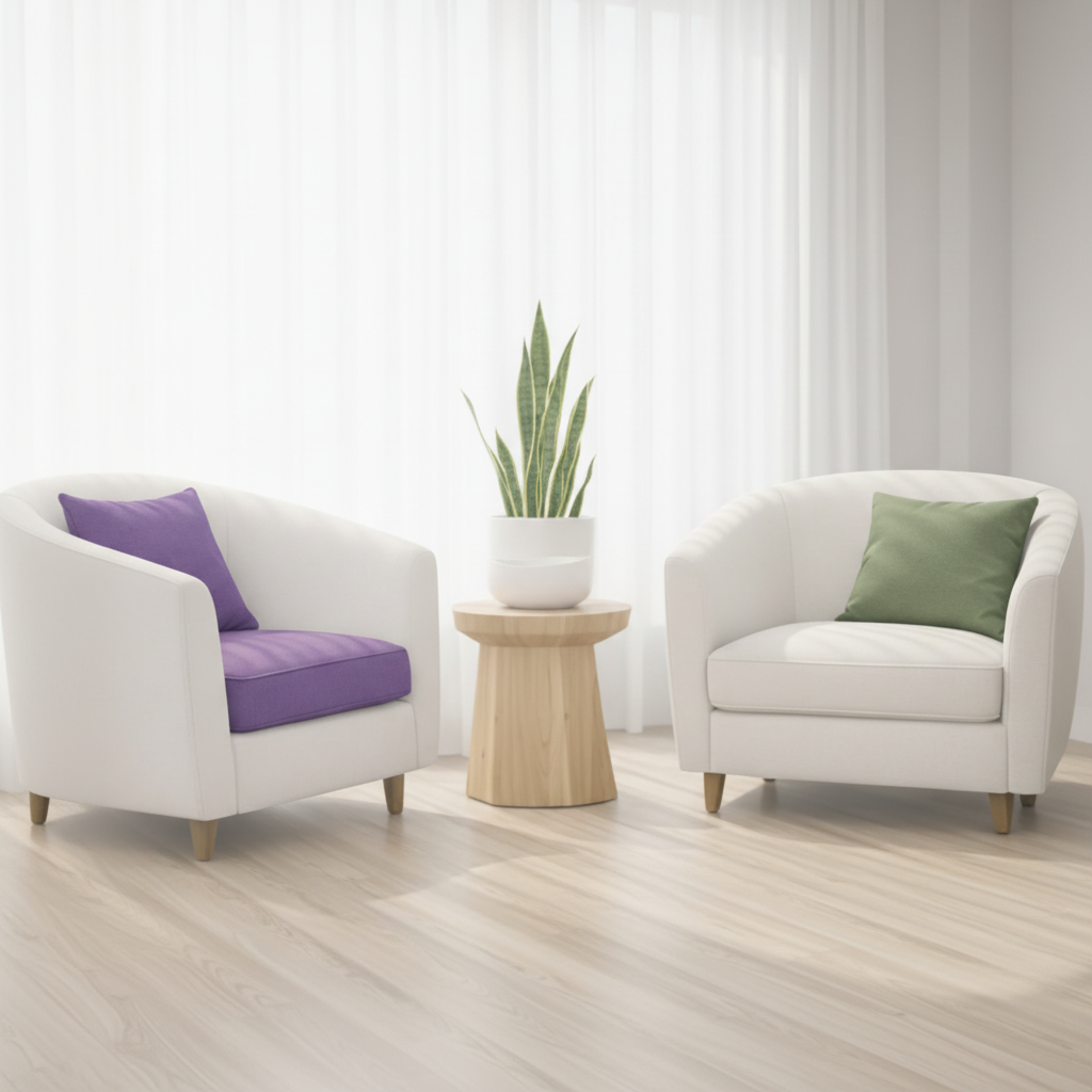 Warm, inviting counseling office with natural light