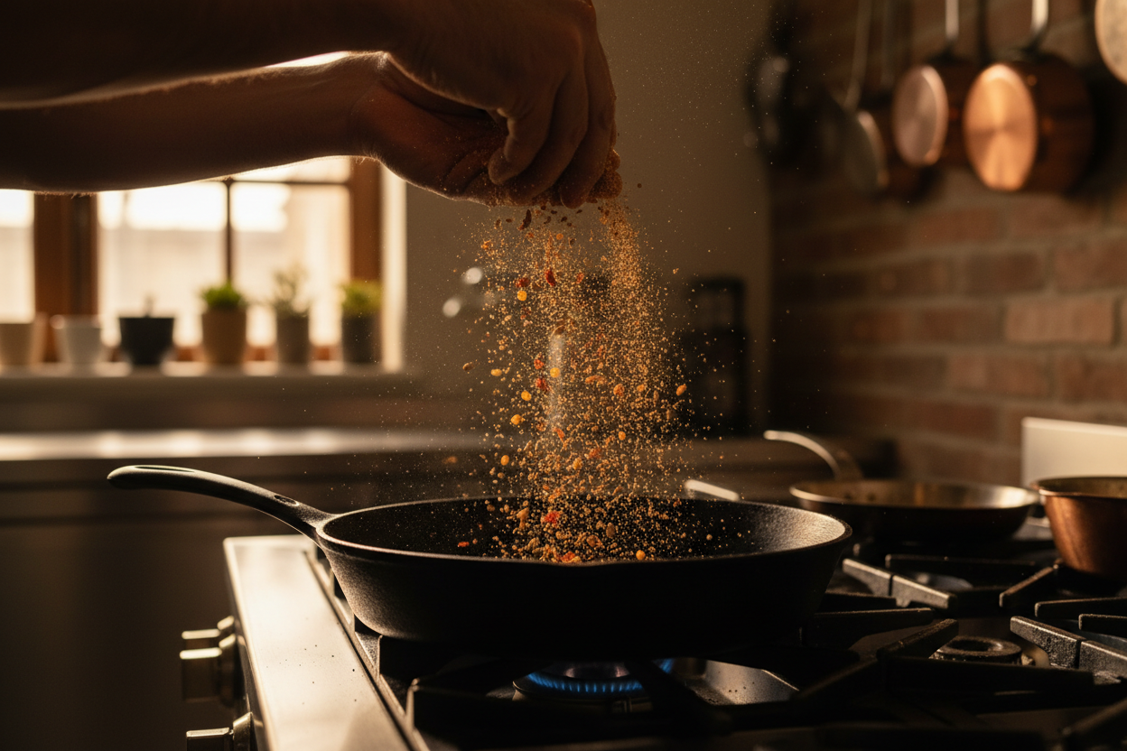 Cook's hands tossing spices in a cast iron pan