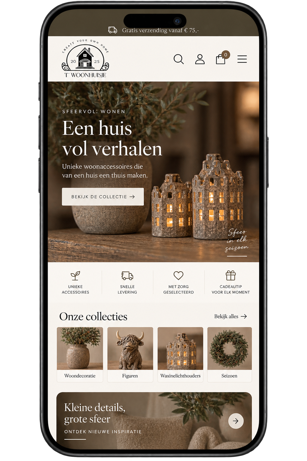 Mockup webshop 't Woonhuisje op mobiel