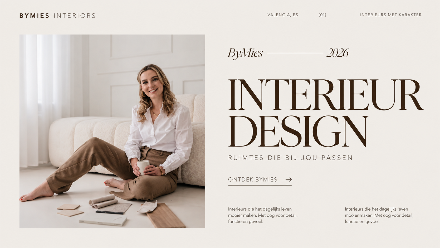 Homepageconcept voor ByMies Interiors met interieurdesign-uitstraling