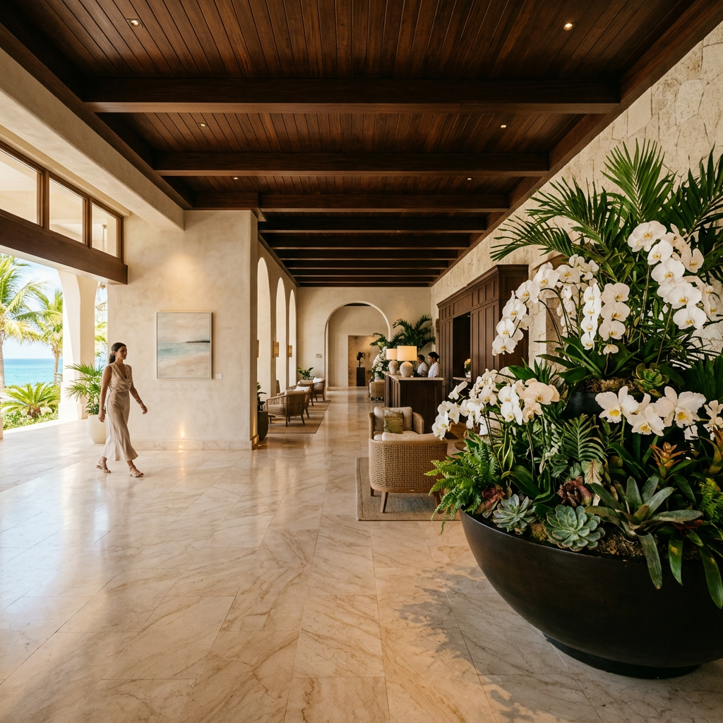 Instalación botánica de lujo en lobby de hotel en Punta Cana